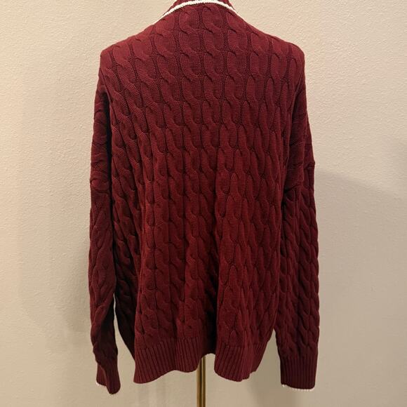 Old Navy Burgundy Cable Knit Cardigan Sweater Women Large Varsity Trim Preppy - Picture 2 of 8